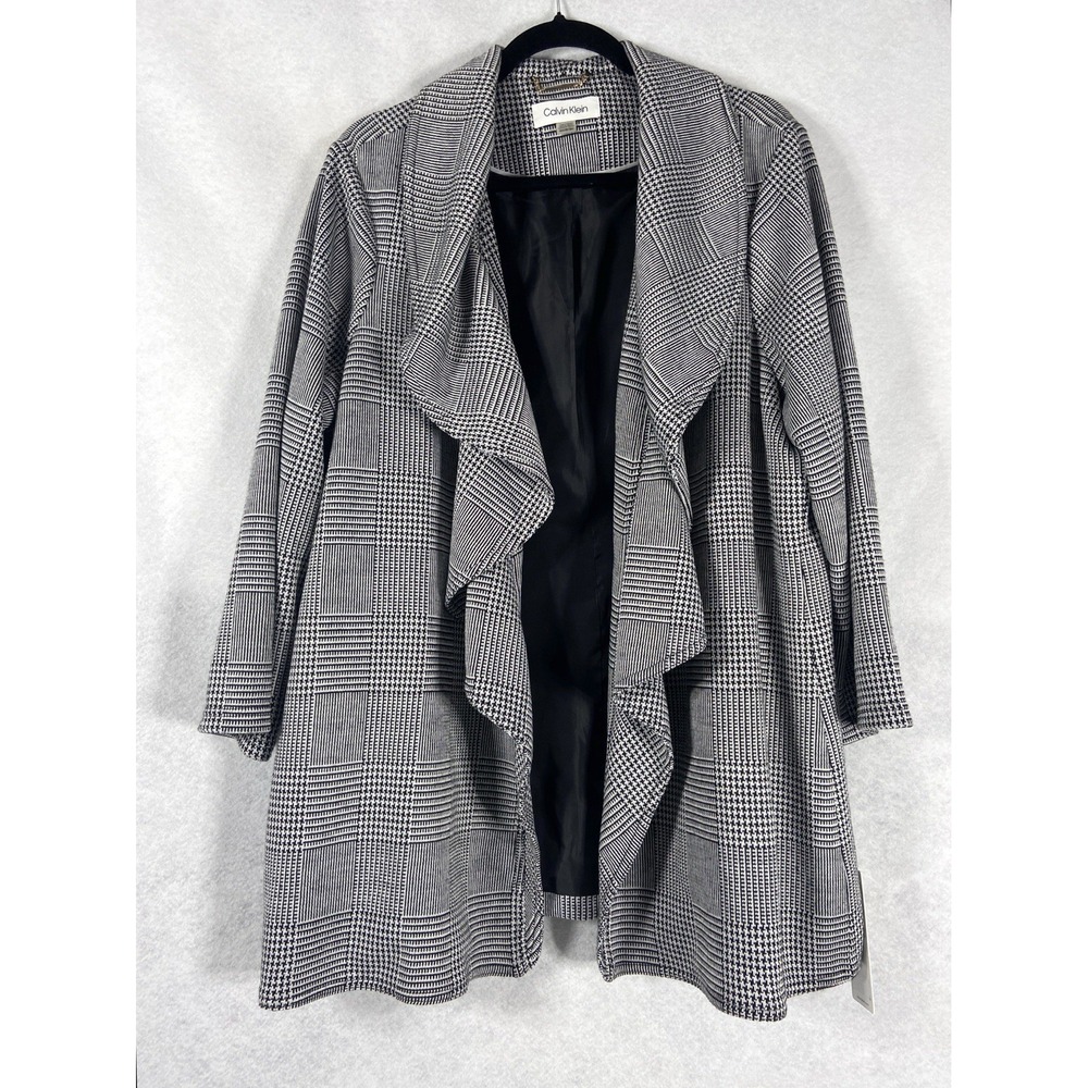 Calvin Klein Jacket Womens 18W Black White Open Blazer Ruffle Neck Plaid NWT